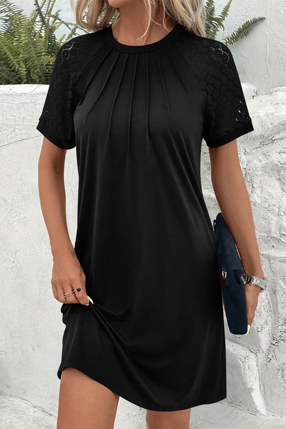 Light French Beige Contrast Lace Raglan Sleeve Pleated Detail Shift Dress