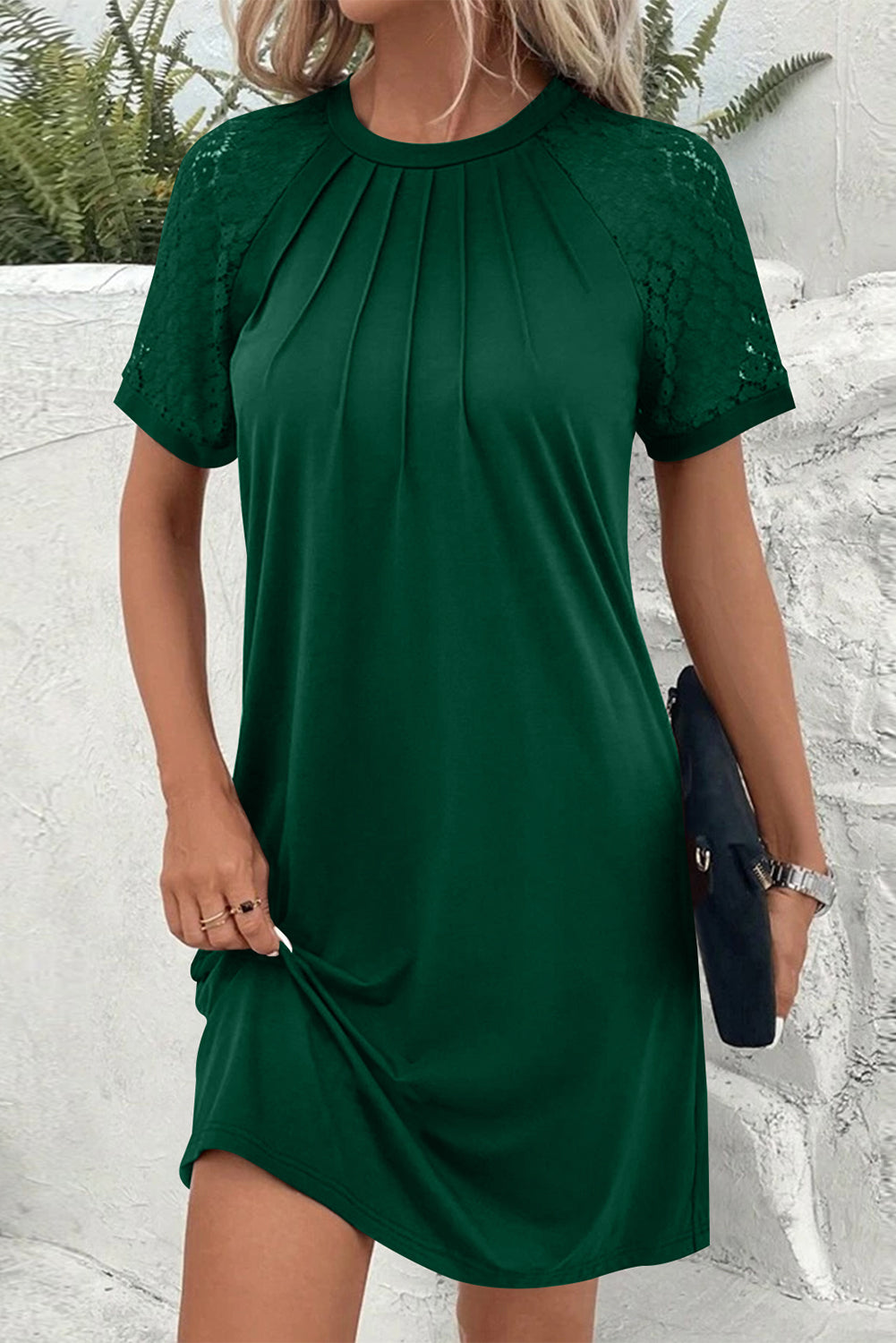 Light French Beige Contrast Lace Raglan Sleeve Pleated Detail Shift Dress
